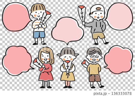 花を持つこどもと吹き出しのイラストセット【母の日】① 花を持つこどもと吹き出しのイラストセット【母の日】① 136333078
