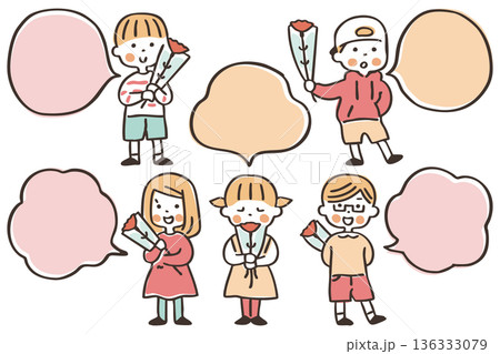 花を持つこどもと吹き出しのイラストセット【母の日】② 136333079