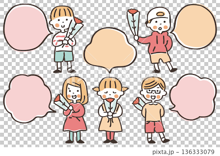 花を持つこどもと吹き出しのイラストセット【母の日】② 136333079