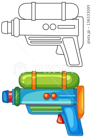 Colorful Toy Water Gun and Black and White Line Art Illustration 136333095
