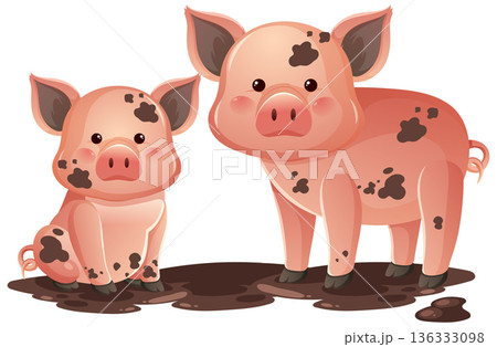 Two Spotted Piglets Standing and Sitting in Mud 136333098