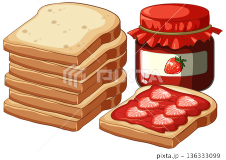 Stack of Sliced White Bread with Strawberry Jam Jar and Toast 136333099