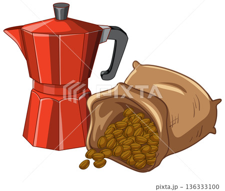 Red Moka Pot and Burlap Sack Spilling Roasted Coffee Beans Red Moka Pot and Burlap Sack Spilling Roasted Coffee Beans 136333100