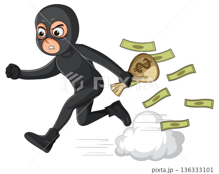 Cartoon Thief Running With Money Bag and Flying Cash Cartoon Thief Running With Money Bag and Flying Cash 136333101