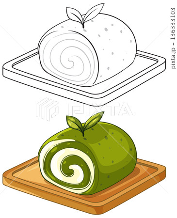 Matcha Green Tea Swiss Roll Cake Vector Illustration and Line Art Matcha Green Tea Swiss Roll Cake Vector Illustration and Line Art 136333103