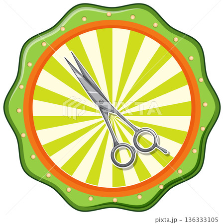 Silver Scissors Icon on Green Sunburst Badge 136333105