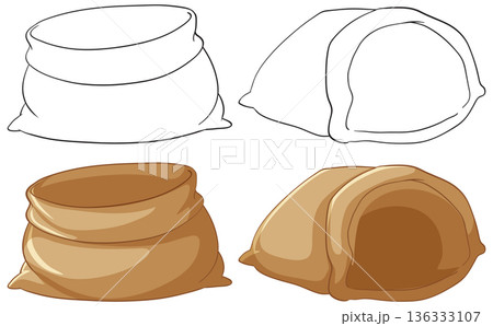 Empty Burlap Sacks in Line Art and Color Vector Illustration 136333107