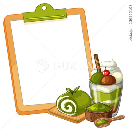 Matcha Green Tea Dessert Set with Blank Clipboard Menu Template 136333108