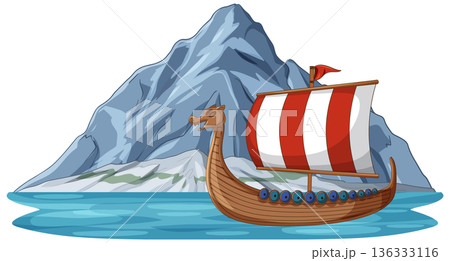 Viking Longship Sailing on Water with Mountain Background Vector Illustration 136333116
