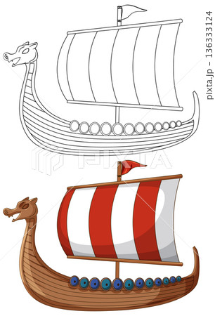Viking Longship Illustration in Color and Black and White Line Art 136333124