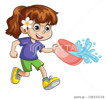 Cartoon Girl Splashing Water from a Bowl for Songkran Festival Cartoon Girl Splashing Water from a Bowl for Songkran Festival 136333128