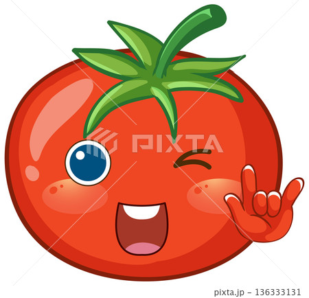 Cartoon Red Tomato Character Winking and Making Rock On Hand Sign 136333131
