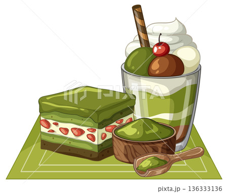 Matcha Green Tea Dessert Set with Cake and Parfait Illustration Matcha Green Tea Dessert Set with Cake and Parfait Illustration 136333136