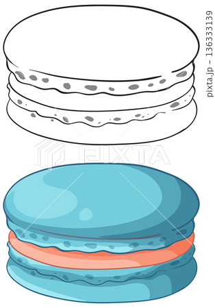 Blue Macaron Dessert Vector Illustration with Black and White Line Art Blue Macaron Dessert Vector Illustration with Black and White Line Art 136333139