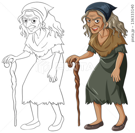 Old Woman with Cane in Tattered Clothes Vector Illustration 136333140