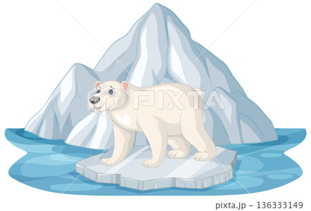 Cartoon Polar Bear Standing on Ice Floe with Glaciers Background Cartoon Polar Bear Standing on Ice Floe with Glaciers Background 136333149