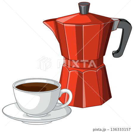 Red Moka Pot and White Cup of Black Coffee Vector Illustration 136333157