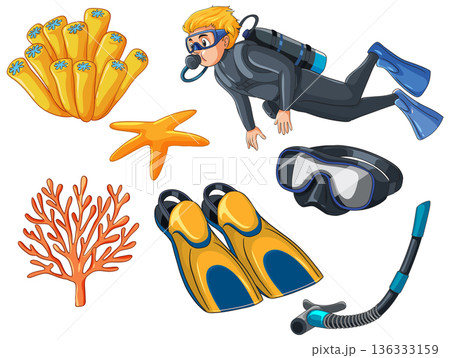 Scuba Diver and Underwater Exploration Equipment Vector Illustration Set 136333159