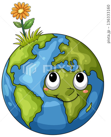 Cute Cartoon Earth Planet With Flower Sprout 136333160
