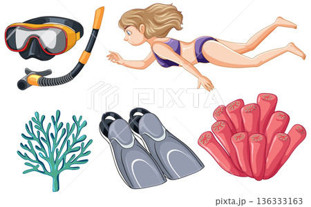 Snorkeling and Scuba Diving Equipment Set with Woman Swimming and Coral Snorkeling and Scuba Diving Equipment Set with Woman Swimming and Coral 136333163
