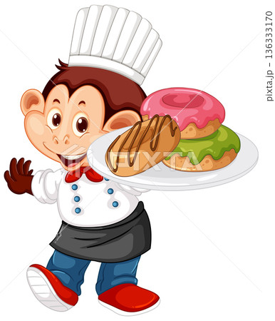 Cartoon Monkey Pastry Chef Holding a Plate of Glazed Donuts 136333170