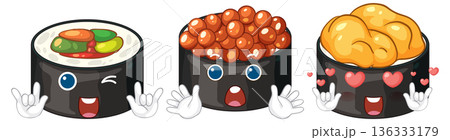 Three Cute Cartoon Sushi Rolls with Expressive Faces and Hand Gestures 136333179