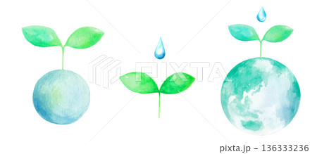 透明水彩でエコロジーイメージのイラスト　若葉が生えている地球　苗 136333236