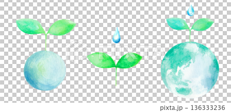 透明水彩でエコロジーイメージのイラスト　若葉が生えている地球　苗 136333236