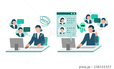 議事録作成に悩む女性社員を音声認識AIが支援するイラスト 会議業務の効率化表現 136333357