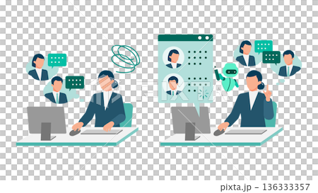 議事録作成に悩む女性社員を音声認識AIが支援するイラスト 会議業務の効率化表現 136333357