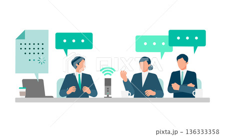 音声認識マイクで議事録を自動化するビジネスマンチームのイラスト 会議DXの表現 136333358