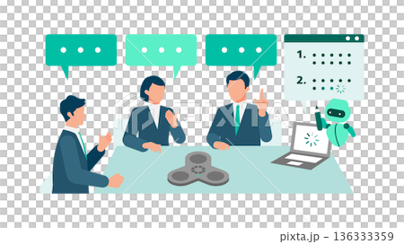 Illustration of solving meeting minutes creation with a revolutionary voice recognition device Business innovation slide material 136333359