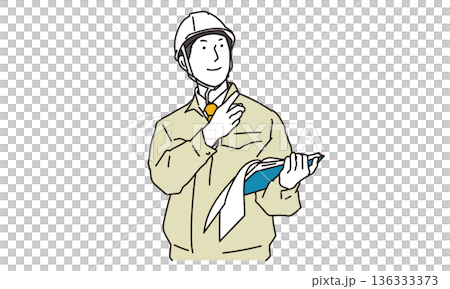 圖中一名戴著安全帽的男性工人正指著上方。 136333373