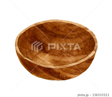 木製のサラダボウル（器・お皿）　食器・生活雑貨の手描き水彩イラスト素材 136333521