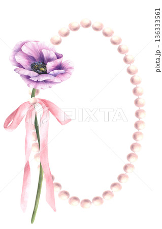 Watercolor anemone purple flower arranged with pink pearl frame and ribbon bow. Floral illustration for greeting cards, wedding invitations, birthday, Mothers Day and love theme. Isolated illustration 136333561