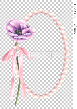 Watercolor anemone purple flower arranged with pink pearl frame and ribbon bow. Floral illustration for greeting cards, wedding invitations, birthday, Mothers Day and love theme. Isolated illustration Watercolor anemone purple flower arranged with pink pearl frame and ribbon bow. Floral illustration for greeting cards, wedding invitations, birthday, Mothers Day and love theme. Isolated illustration 136333561