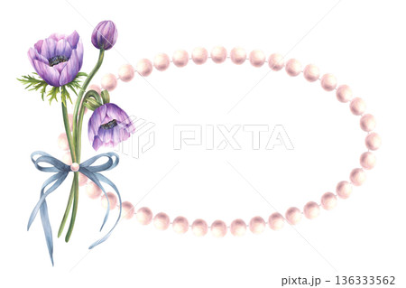 Anemone purple flowers, buds bouquet with pink pearl frame and tied with ribbon bow. Hand drawn watercolor isolated on white background illustration for birthday, Mothers, Valentines day greeting card Anemone purple flowers, buds bouquet with pink pearl frame and tied with ribbon bow. Hand drawn watercolor isolated on white background illustration for birthday, Mothers, Valentines day greeting card 136333562