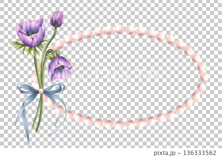 Anemone purple flowers, buds bouquet with pink pearl frame and tied with ribbon bow. Hand drawn watercolor isolated on white background illustration for birthday, Mothers, Valentines day greeting card Anemone purple flowers, buds bouquet with pink pearl frame and tied with ribbon bow. Hand drawn watercolor isolated on white background illustration for birthday, Mothers, Valentines day greeting card 136333562