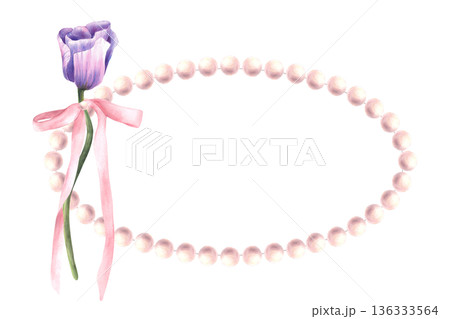 Watercolor romantic card with anemone purple flowers, pearl frame and tied pink bow. Hand drawn festive greeting oval template for birthday, Mothers, Valentines, wedding, Women's Day Isolated on white Watercolor romantic card with anemone purple flowers, pearl frame and tied pink bow. Hand drawn festive greeting oval template for birthday, Mothers, Valentines, wedding, Women's Day Isolated on white 136333564