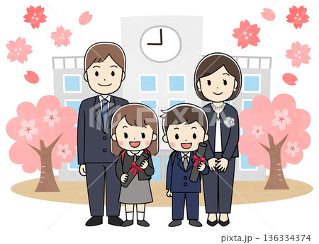 小学校の卒業式に行く父母と子供たちのイラスト 136334374