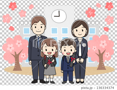 Illustration of parents and children attending an elementary school graduation ceremony 136334374
