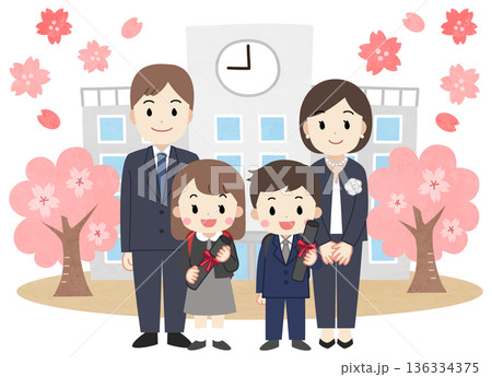 小学校の卒業式に行く父母と子供たちのイラスト 136334375