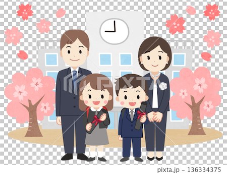 Illustration of parents and children attending an elementary school graduation ceremony 136334375