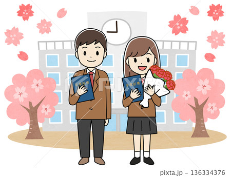卒業式に出席する卒業証書を持つ学生のイラスト 136334376