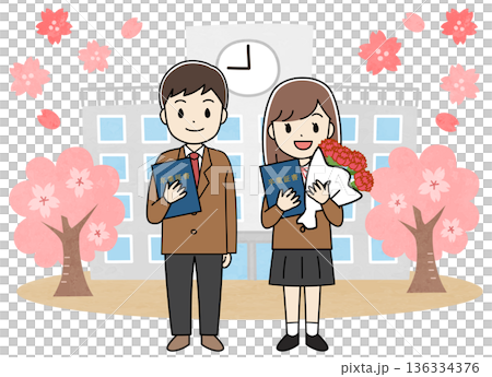 卒業式に出席する卒業証書を持つ学生のイラスト 136334376
