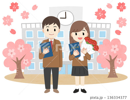卒業式に出席する卒業証書を持つ学生のイラスト 136334377