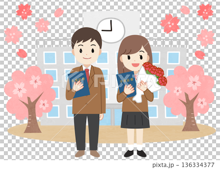 卒業式に出席する卒業証書を持つ学生のイラスト 136334377