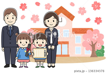 保育園・幼稚園の卒園式に行く父母と子供たちのイラスト 保育園・幼稚園の卒園式に行く父母と子供たちのイラスト 136334378