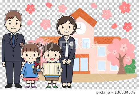 保育園・幼稚園の卒園式に行く父母と子供たちのイラスト 保育園・幼稚園の卒園式に行く父母と子供たちのイラスト 136334378