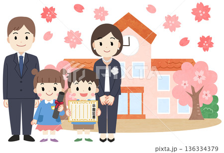 保育園・幼稚園の卒園式に行く父母と子供たちのイラスト 保育園・幼稚園の卒園式に行く父母と子供たちのイラスト 136334379